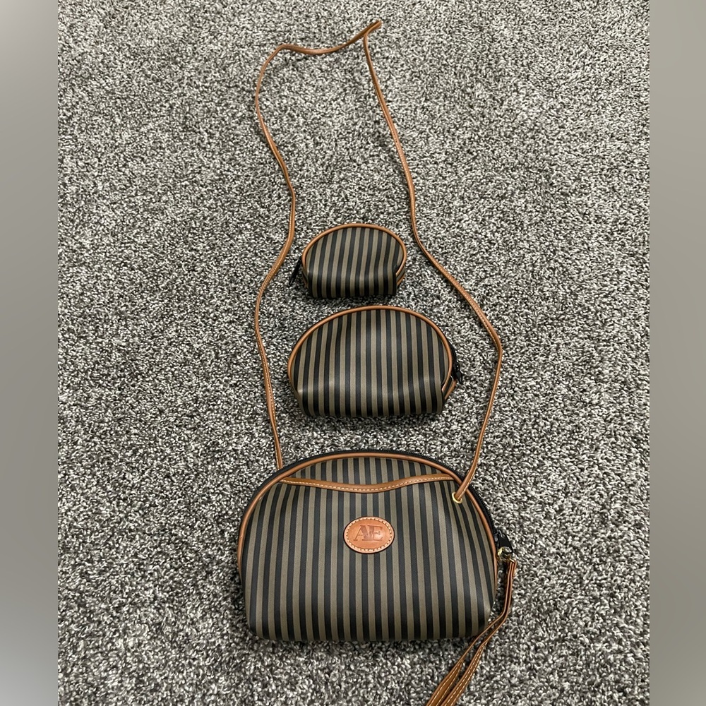 Vintage Allan Edward Black Brown Striped Crossbody Shoulder Bag Purse Wallet